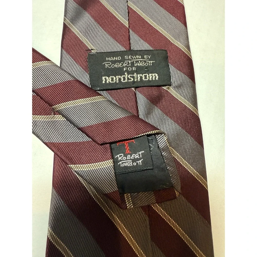 Vtg Robert Talbott Nordstrom Silk Tie Burgundy Gray Striped‎ USA 59.5
